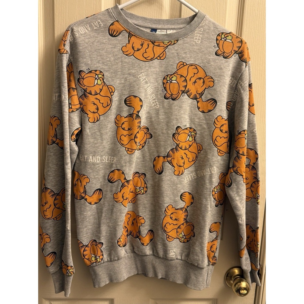 Garfield All‎ Over Print Eat And Sleep Crewneck Sweatshirt Divided H&M XS Gray